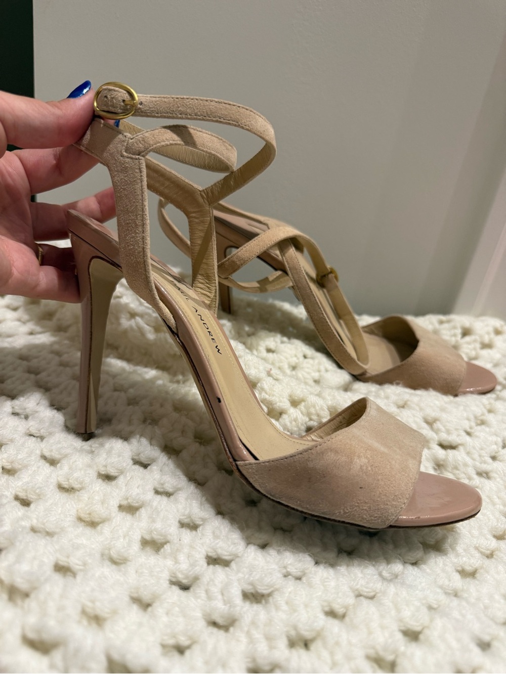 Paul Andrew Italy Beige Nude Suede & Patent Leather Strap Heels